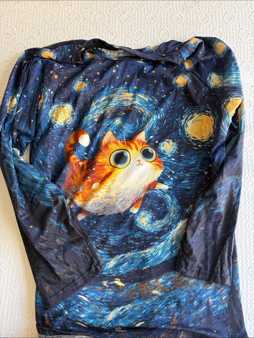 Hot Topic Starry Night Cat Long Sleeve Tee - Navy Blue, Orange, Yellow